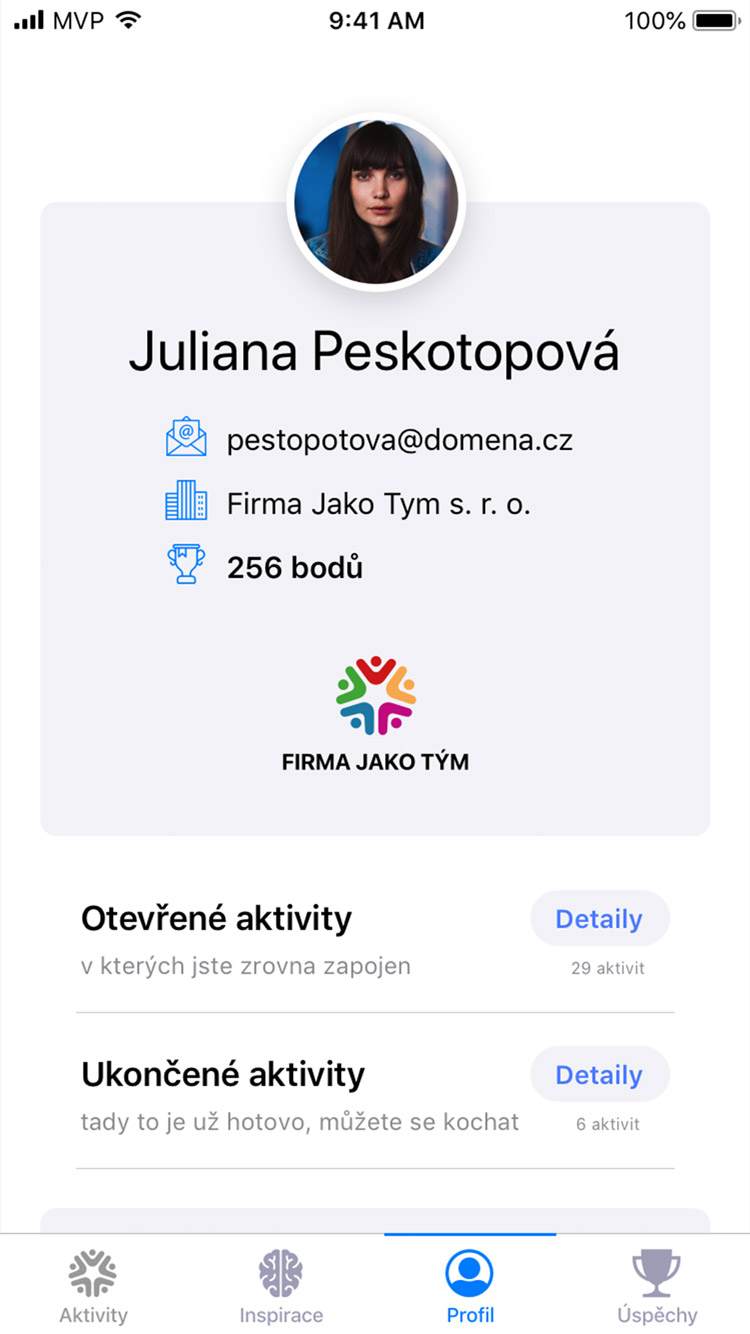 Firma jako tým app profil uživatele